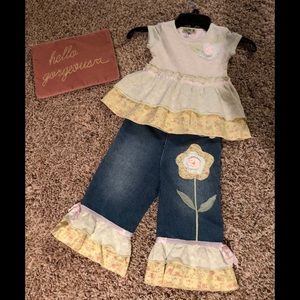 Boutique embroidered top and jean set-euc
